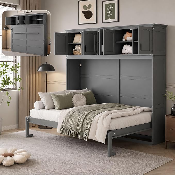 Queen Murphy Bed Cabinet, Wall Bed with Storage, Folding Cabinet Bed with Dual Piston Metal Mechanism, Murphy Cabinet Space Saving Bed for Guest Room, Home Office, Apartment(Gray 2)