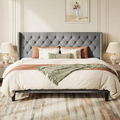 SHA CERLIN King Size Upholstered Platform Bed Frame with Wingback Headboard, Tufted Linen Fabric, Wooden Slats Support, Easy Assembly, Light Grey