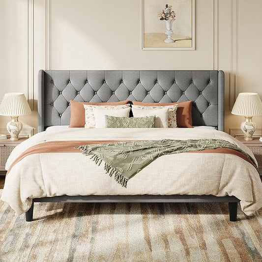 SHA CERLIN King Size Upholstered Platform Bed Frame with Wingback Headboard, Tufted Linen Fabric, Wooden Slats Support, Easy Assembly, Light Grey