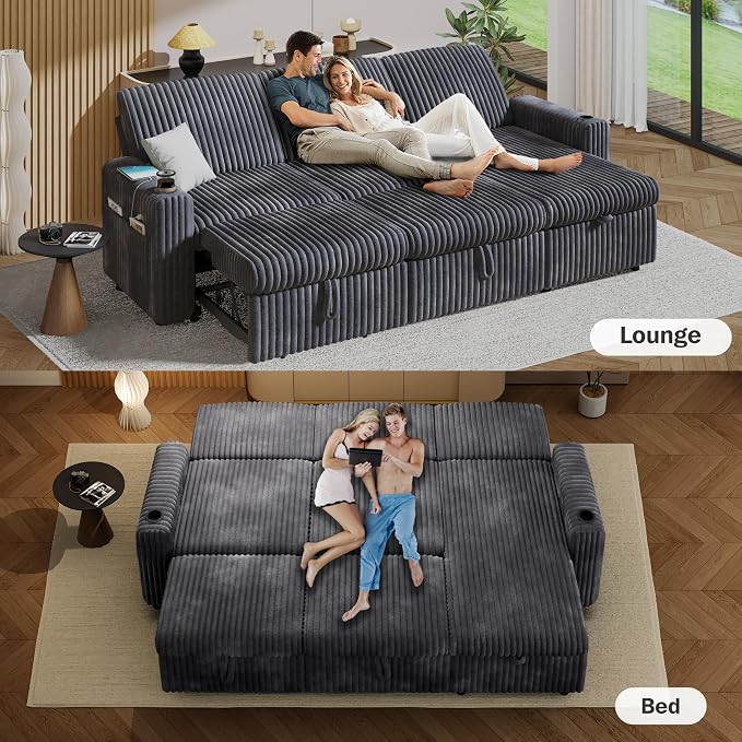 Sunny Heart 101" Plush Corduroy L Shaped Sectional Sleeper Sofa Bed with Pull Out Bed, Reclining Backrest, Reversible Storage Chaise, USB Ports, Cup Holders, Tool Free Assembly, Darke Grey