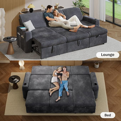 Sunny Heart 101" Plush Corduroy L Shaped Sectional Sleeper Sofa Bed with Pull Out Bed, Reclining Backrest, Reversible Storage Chaise, USB Ports, Cup Holders, Tool Free Assembly, Darke Grey