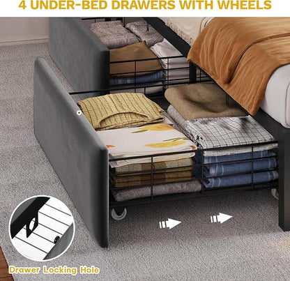 YITAHOME Queen Size Bed Frame with RGB LED Lights & Storage Bookcase Headboard, Upholstered Bed with Charging Station and 4 Drawers, No Box Spring Needed, Easy Assembly, Noise-Free, Velvet Grey
