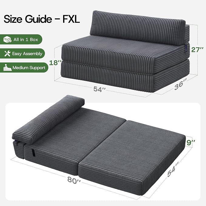 Convertible 4-in-1 Folding Sofa Bed 54" Loveseat Boneless Sleeper Chair Couch Foldable Chaise Lounger & Mattress Pocket Coils+Foam Medium Support, Portable No Assembly for Living Room/Bedroom, Full XL