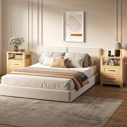 Decofy Farmhouse Nightstand with Charging Station, Modern End Tables with 2 Drawers & Open Shelf, Outlets, USB Ports and Type-C Ports, Wood Rustic Nightstands for Bedroom (2 Pack, Oak)
