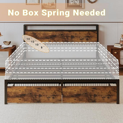 LIKIMIO Queen Bed Frame with Storage Headboard, Queen Size Bed Frame with Charging Station & 2 Drawers, No Box Spring Needed, Easy Assembly
