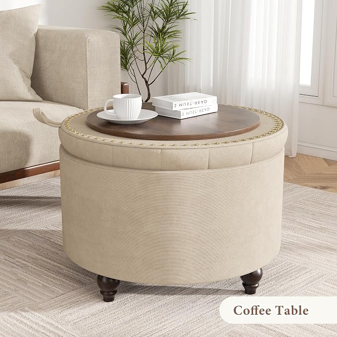 24 Inch Round Storage Ottoman,Modern Tufted Ottomans,Circular Coffee Table with Removable Top,Upholstered Large Ottoman with Storage Footrest Stool for Bedroom Living Room (Lightbrowm)