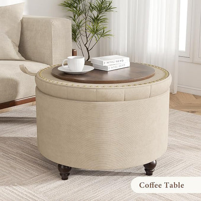 24 Inch Round Storage Ottoman,Modern Tufted Ottomans,Circular Coffee Table with Removable Top,Upholstered Large Ottoman with Storage Footrest Stool for Bedroom Living Room (Lightbrowm)