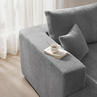 Modular Sectional Sofa with Ottoman, L-Shaped Cloud Couch, 79" Memory Foam Boneless Loveseat with Chaise, No Assembly Required Corduroy Frameless Sofa for Small Living Room Apartment Home Decor, Grey