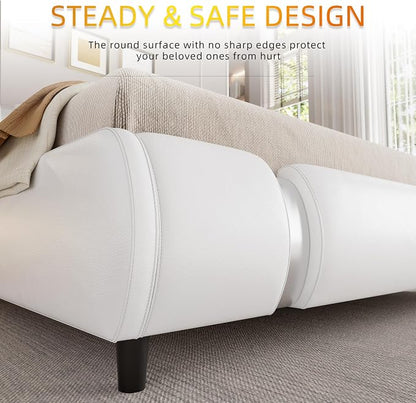 Keyluv Modern Queen Size Bed Frame with Mirror Metal Decoration, Faux Leather Upholstered Platform Bed with Curved Headboard, Wooden Slats Support, No Box Spring Needed, White