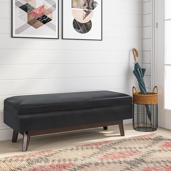 SIMPLIHOME Owen Rectangular Storage Ottoman - 48 inch Wide Upholstered Vegan Leather Lift-Top Ottoman in Midnight Black, Mid-Century Modern Ottoman for Living Room with Tufted Detail