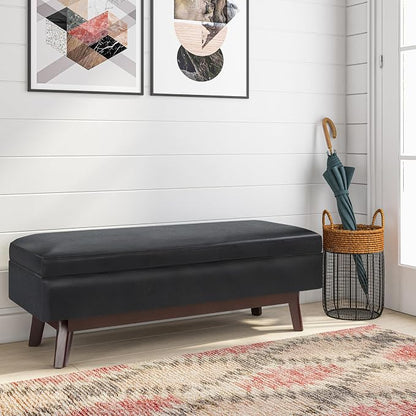 SIMPLIHOME Owen Rectangular Storage Ottoman - 48 inch Wide Upholstered Vegan Leather Lift-Top Ottoman in Midnight Black, Mid-Century Modern Ottoman for Living Room with Tufted Detail