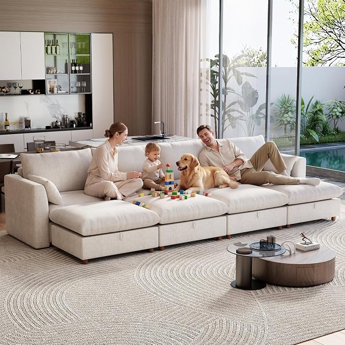Ihanherry 152" Oversized Modular Sectional Sofa, Modern Cloud Couch with 4 Storage Ottoman, 8-Seat Comfy Chenille Deep Seat Sofa with 2 Pillows for Living Room, Beige