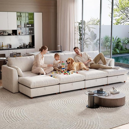 Ihanherry 152" Oversized Modular Sectional Sofa, Modern Cloud Couch with 4 Storage Ottoman, 8-Seat Comfy Chenille Deep Seat Sofa with 2 Pillows for Living Room, Beige