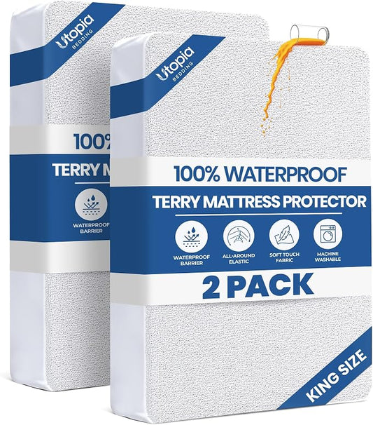 King Size Mattress Protector Waterproof 2 Pack, Premium 200 GSM Terry Mattress Cover, Soft & Breathable Bed Cover, Fitted Sheet Style Stretchable Deep Pockets 17" by Utopia Bedding (White)