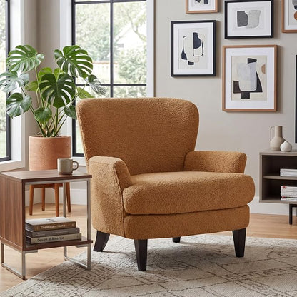 Christopher Knight Home Colby Boucle Upholstered Club Chair, Living Room Accent Chair, Wooden Frame, Flared Armrest, Plush Thick Cushion, Reading Lounge Chair, Space-Saving Furniture, Black+Caramel
