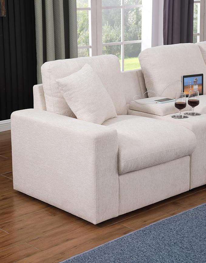 Ball & Cast 127" Oversized Modular Sectional Sofa L-Shaped,Large Chenille Upholstered Couch 7 Seat with Ottoman,Cup Holders & USB Ports,Comfty Sectionals W/Pillows & Storage Box,for Living Room,Beige