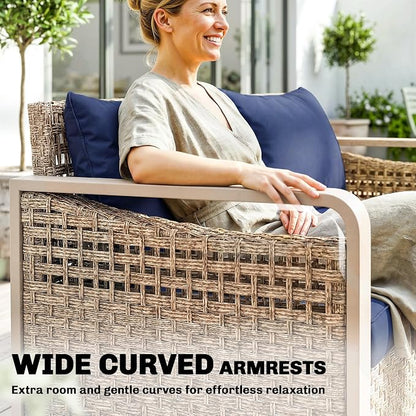 Outsunny Outdoor Patio Couch with Wide and Deep Seat, 3 Seater Wicker Outdoor Sofa with Wide Metal Armrests, Patio Furniture Couch with Cushions for Porch, Garden, Backyard, Dark Blue | Removable Covers