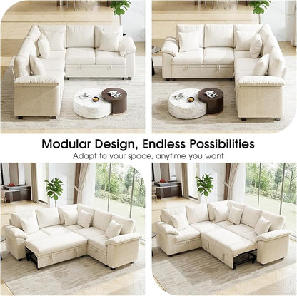 86" Modular Sectional Sleeper Sofa with Pull Out Bed, L Shaped 5 Seat Couch with 151L Storage, Convertible Cloud Couch Bed, Sectional Couches for Living Room, Apartment (Beige)