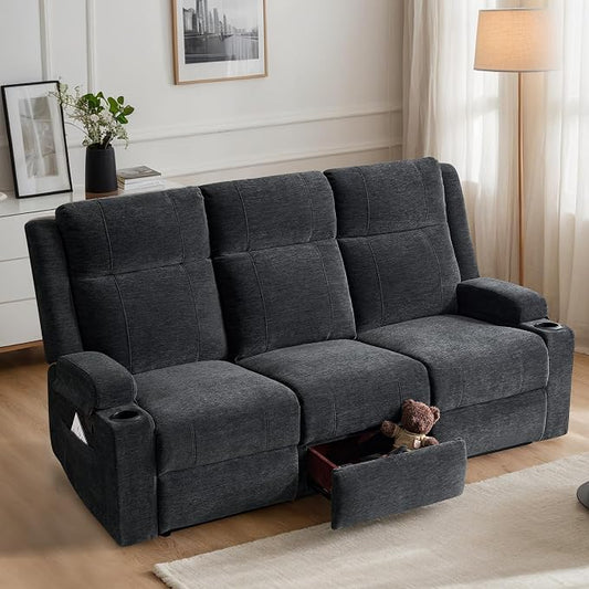 75'' Manual Reclining Sofa with Storage Drawer, 3 Seat Wall Hugger Recliner Couch with Cup Holders, Side Pockets, Chenille Fabric, Compact 3-Person Recliner for RV, Living Room, Apartment (Black)