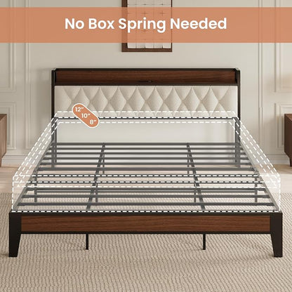 ANCTOR King Bed Frame, Storage Headboard with Charging Station, Platform Bed Frame with Strong Metal Support, Sturdy and Stable, Noise Free, No Box Spring Needed, Easy Assembly, Walnut