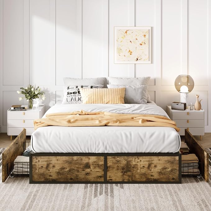 SHA CERLIN Queen Platform Bed Frame with 2 Large Storage Drawers, Rustic Wood and Metal, Noise-Free, Easy Assembly, No Box Spring Needed, Brown