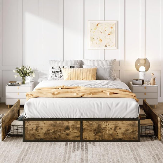 SHA CERLIN Queen Platform Bed Frame with 2 Large Storage Drawers, Rustic Wood and Metal, Noise-Free, Easy Assembly, No Box Spring Needed, Brown