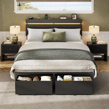 Forestell Full Size Bed Frame with Wood Headboard, Black Platform Bed with 2 Storage Drawers & Shelf, Built in Charging Station & LED Lights, Metal Support, No Box Spring Needed, Camas Full
