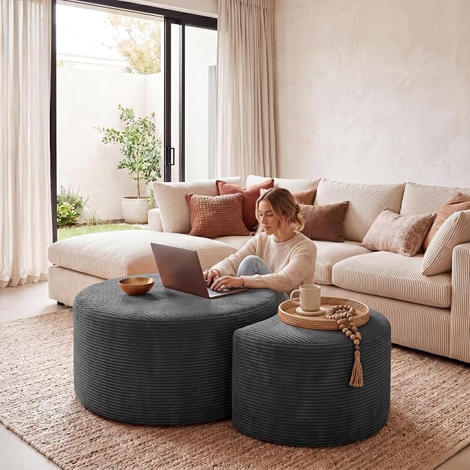 BSHOMGI Boneless Ottoman Nesting Coffee Table Set of 2,Corduroy Soft Foot Rest Movable LargePouf Footstool for Living Room Sofa Couch Bedroom Entryway and Small Spaces No Assembly (Dark Gray)