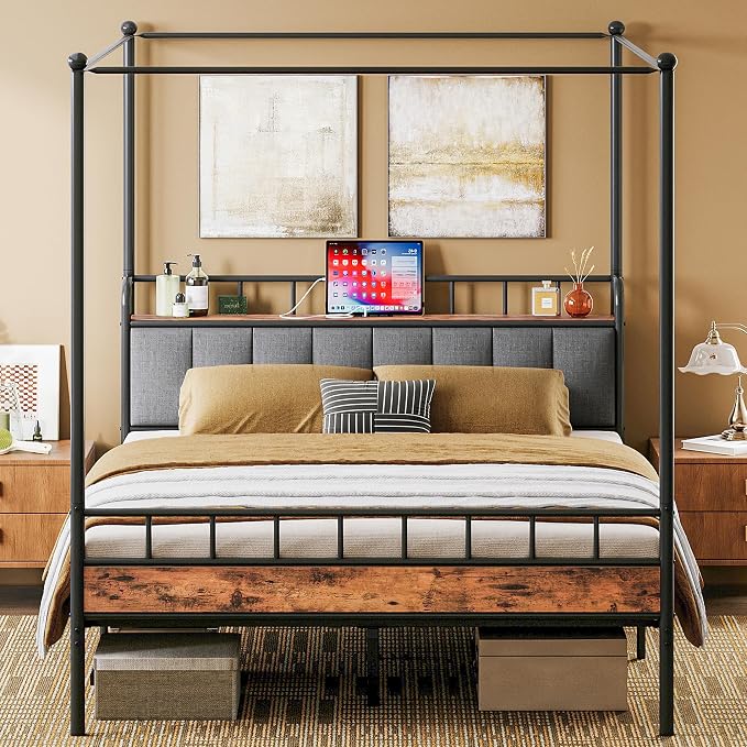 LIKIMIO Canopy Bed Frame Full, Storage Headboard with Charging Station, Platform Bed with 4 Removable Sturdy Posts, Noise Free, No Box Spring Needed, Vintage Brown