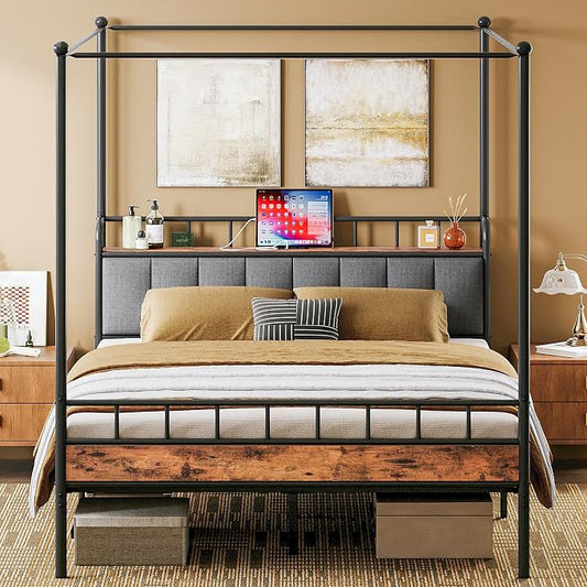 LIKIMIO Canopy Bed Frame Full, Storage Headboard with Charging Station, Platform Bed with 4 Removable Sturdy Posts, Noise Free, No Box Spring Needed, Vintage Brown
