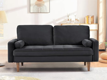 Container Furniture Direct Velvet Tufted Sofas for Living Room, Classic Mid-Century Style with Modern Silhouette, Button Tufting and Wood Legs, Includes 2 Bolster Pillows, Loveseat, Black