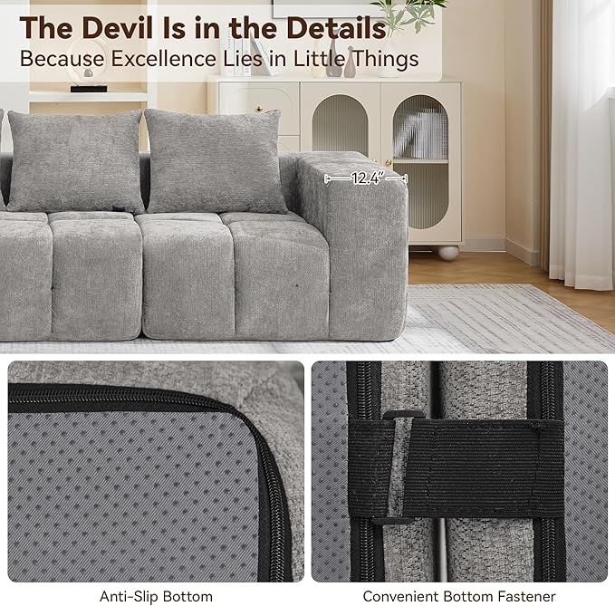 160" Boneless U-Shaped Sofa Couch with 2 Ottoman, 6 Seater Comfy Cloud Sectional Sofas with Deep Seat, Oversized Chenille Sectional Memory Foam Couches for Living Room Bedroom, Tufted Sofa, Light Grey