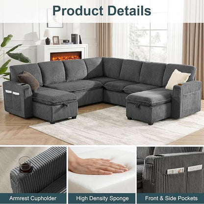 Oversized Sectional Sleeper Sofa with Pull Out Bed, Plush Corduroy 9 Seat Modular Sofa with Storage Chaise and Adjustable Backrest, Cloud Couches for Living Room, Apartment, Light Grey