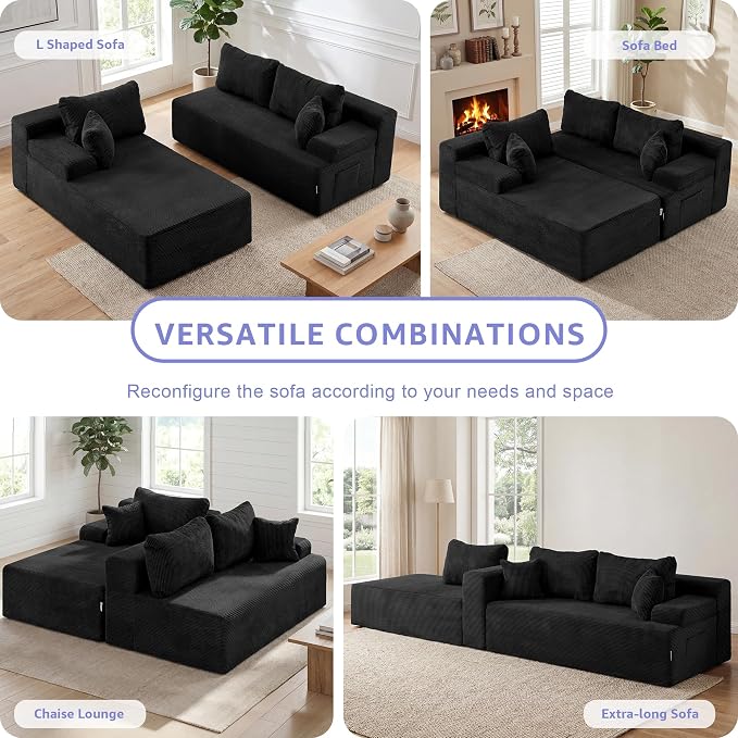 Hobestluk Modular Sectional Sofa Couches L-Shape Couch 3 Seat Modular Sofa Memory Foam Sectional Couches for Living Room, Cloud Couch with Oversized Chaise (Black Corduroy, 108", Left Hand Facing)