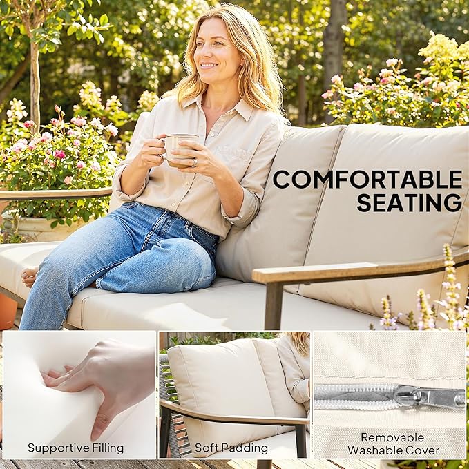 Outsunny Outdoor Patio Couch, 3 Seater Outdoor Sofa with Wood-Effect Armrests and Wicker Backrest, Outdoor Patio Furniture Couch with Cushions, Steel Frame for Porch, Garden, Backyard, Khaki