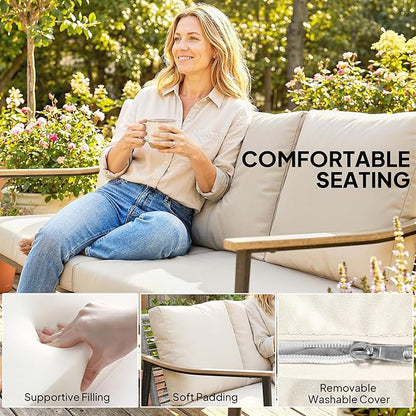 Outsunny Outdoor Patio Couch, 3 Seater Outdoor Sofa with Wood-Effect Armrests and Wicker Backrest, Outdoor Patio Furniture Couch with Cushions, Steel Frame for Porch, Garden, Backyard, Khaki