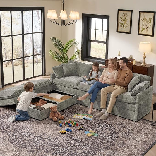 Ihanherry 103” Modular Sectional Sofa with Storage, U Shaped Cloud Couch with Movable Ottomans & 4 Pillows, Chenille Deep Seat Sectional Couches for Living Room, Apartment (Grey)