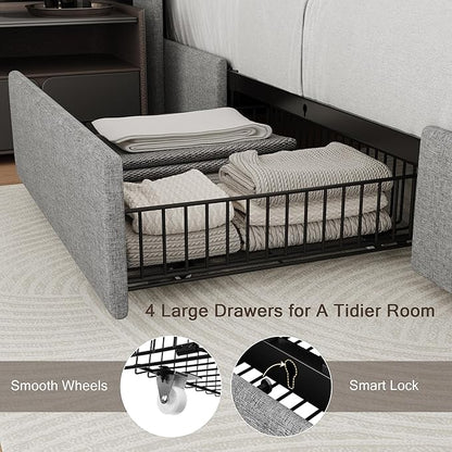 Einhomn Queen Bed Frame with 4 Storage Drawers and Charging Station, Upholstered Platform Bed Frame with Storage Headboard, No Box Spring Needed, Easy Assembly, Light Grey