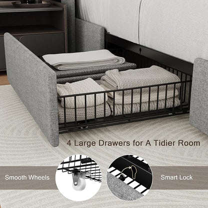 Einhomn Full Size Bed Frame with 4 Storage Drawers and Charging Station, Upholstered Platform Bed Frame with Storage Headboard, No Box Spring Needed, Easy Assembly, Light Grey