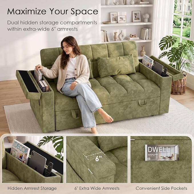 65'' Sleeper Sofa Bed, Pull Out Couch with Side Table | USB Charging Port | Adjustable Backrest | Chenille Fabric, Convertible Loveseat for Living Room, Apartment, Small Spaces (Green)