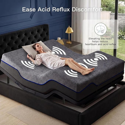 Marsail Queen Adjustable Bed Frame with Massage, Electric Adjustable Bed Base with Head & Foot Incline, Quiet Motor Adjustable Bed Frame with USB Ports, LED Light, Height-Adjustable Legs