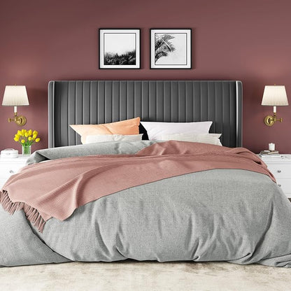 Allewie King Size Velvet Bed Frame/Vertical Channel Tufted Wingback Headboard/Upholstered Platform Bed/No Box Spring Needed/Strong Wooden Slats/Easy Assembly/Grey