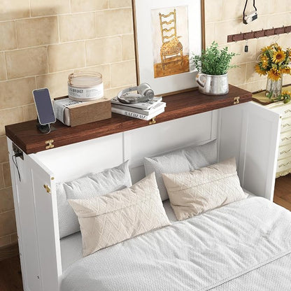 PVWIIK Full Murphy Bed with Storage Drawer,Solid Pine Murphy Foldable Bedframe for Home Office, Studio or Guest Room,Multi-Functional Cabinet Bed Frame,White-Walnut