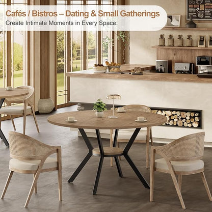 MECHYIN 42" Round Dining Table for 2-4, Farmhouse Kitchen Table with Storage, Space Saving Circle Dinner Table, Rustic Light Wood Kitchen & Dining Room Tables with Metal Legs for Kitchen, Dining Room