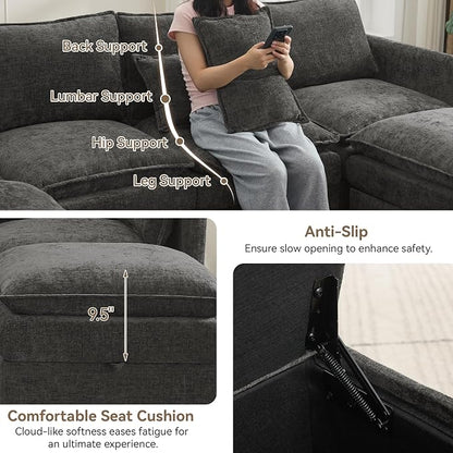 105" Cloud Modular 4 Seater Sofa with 2 Storage Ottoman, Modern Upholstered Sofa Storage Sofa Couch Deep Seat, U Shape Sectional Sofa Chenille Comfy Couch with Armrests for Living Room, Dark Grey