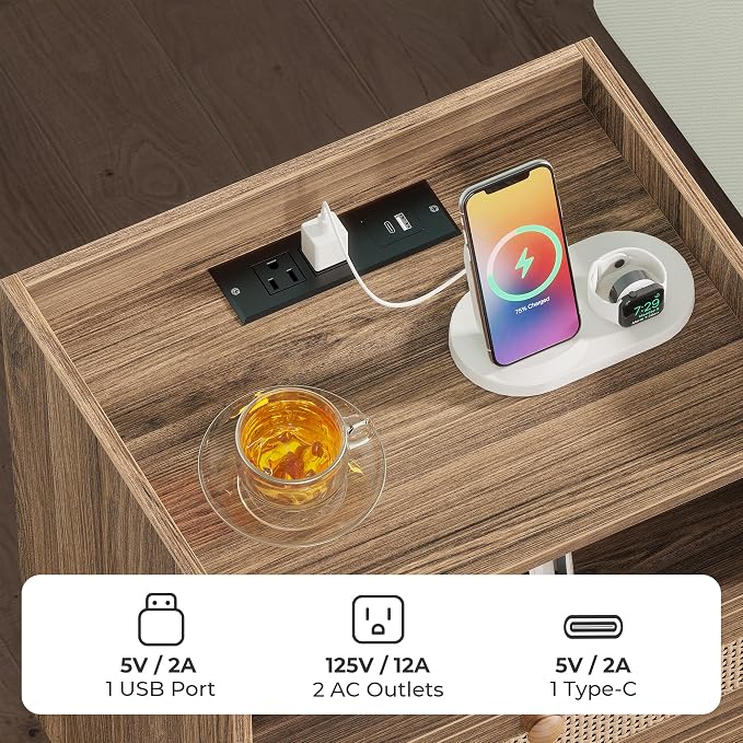 SUPERJARE 2 Drawer Night Stand with Charger Station, Boho Rattan Nightstand Set of 2, 25.2 Inch Tall Bed Side Table with Solid Wood Feet, End Table, Open Storage, Synthetic Rattan, Walnut