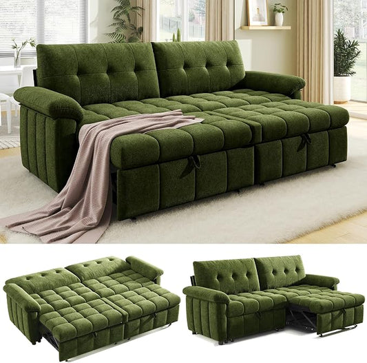 Jocisland 93” 4-in-1 Convertible Sofa Bed, Full Size Cloud Sleeper Sofa, Tufted Chenille, 5-Position Adjustable Backrest, 10-Minute Tool-Free Assembly, Couches for Living Room Guest Room, Green
