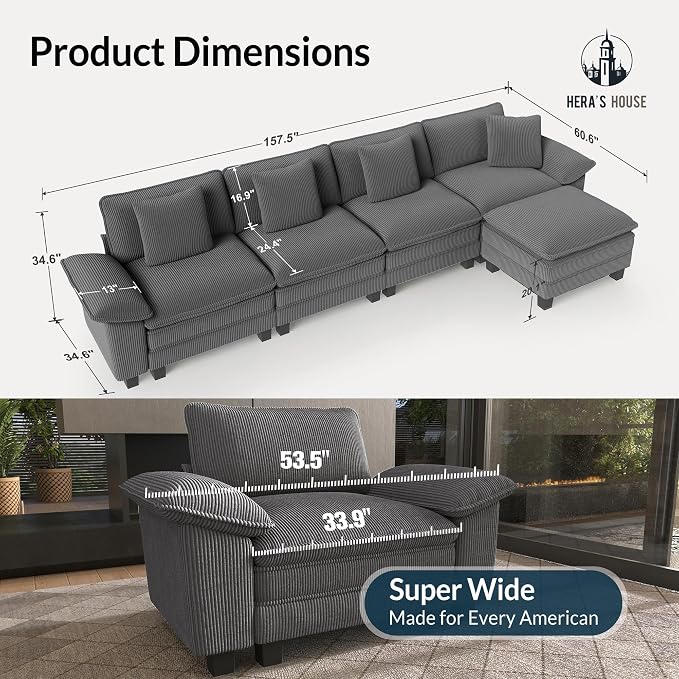 HERA'S HOUSE 158" Oversized Modular Sectional Sofa, Comfy L Shaped Couches for Living Room, Cloud Couch with Ottoman, 5-Seater Deep Seat Sofa with Throw Pillow, Corduroy Grey