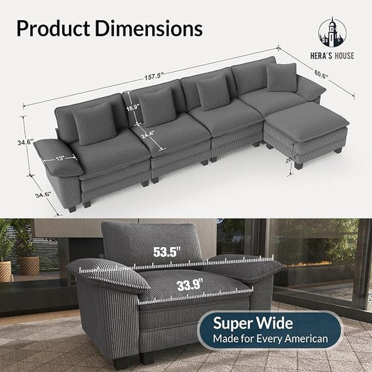 HERA'S HOUSE 158" Oversized Modular Sectional Sofa, Comfy L Shaped Couches for Living Room, Cloud Couch with Ottoman, 5-Seater Deep Seat Sofa with Throw Pillow, Corduroy Grey