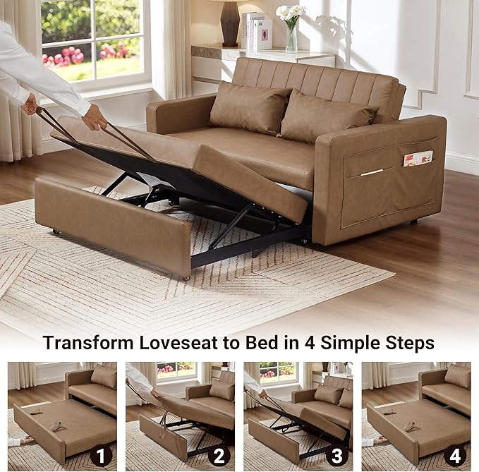 55'' Leather Sofa Bed, Pull Out Sleeper Sofa Couch Bed, Loveseat Sleeper, Futon Sofa Couch with Side Pocket, Convertible Sofa Bed for Living Room, Apartment, Bedroom, RV, Brown